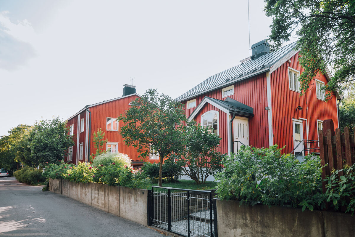 Red wooden houses with backyards.