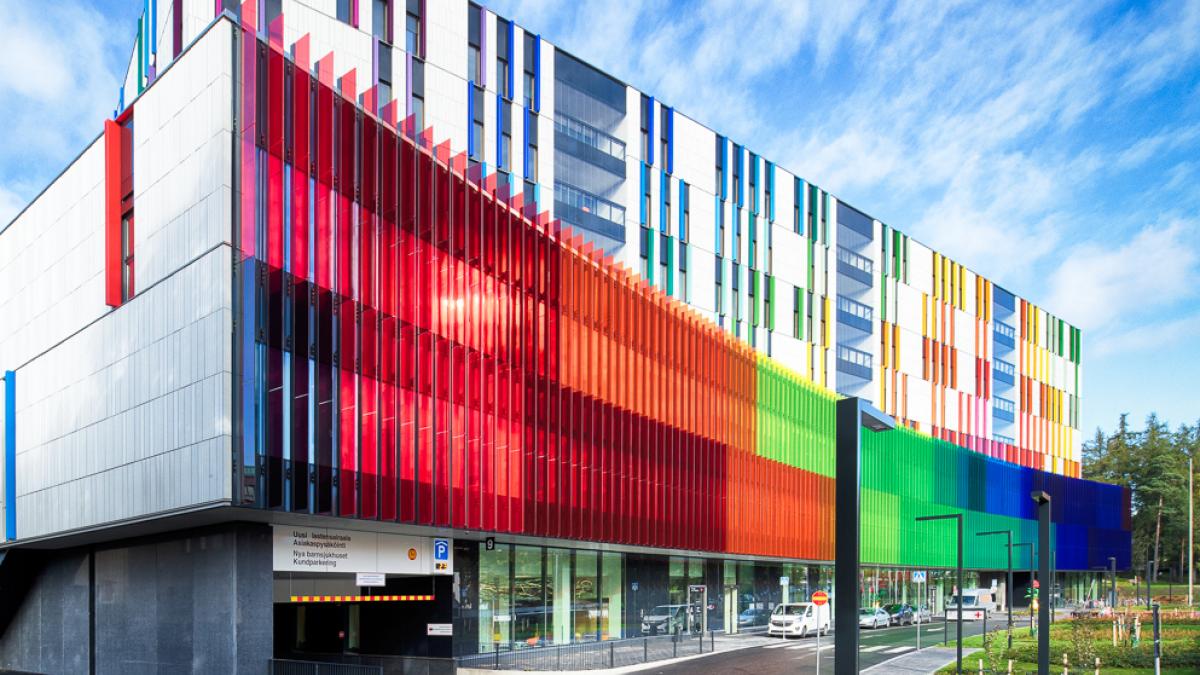 A colourful facade of a hospital building.